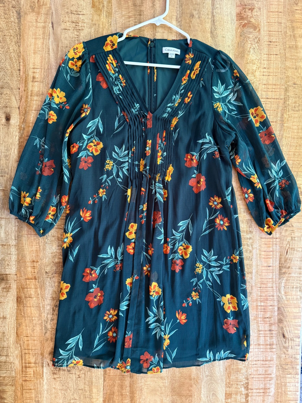 Calvin Klein Size 14 Fall Floral Pintuck Chiffon Dress Teal Orange 3/4 Sleeve